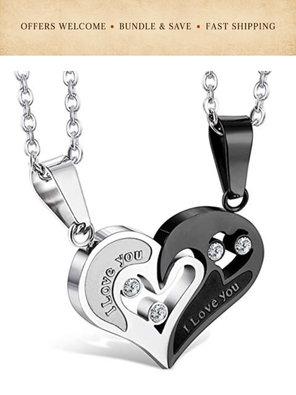 FIBO STEEL Stainless Steel Heart Puzzle Pendant Necklace Set 22" Chain 2 Pcs